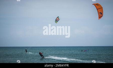 Leucate, France – April 29 & 30, 2022: World Wind Championship preparation and training of athletes in kitesurf, wingsurf, windsurf in Leucate-La Fran Stock Photo