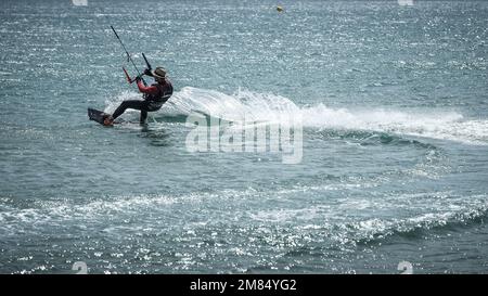 Leucate, France – April 29 & 30, 2022: World Wind Championship preparation and training of athletes in kitesurf, wingsurf, windsurf in Leucate-La Fran Stock Photo