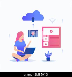 flat illustration video upload concept. Illustration for websites, landing pages, mobile applications, posters and banners. Stock Vector