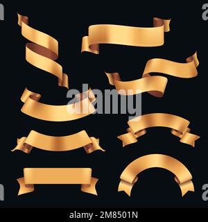 Ribbon banner vector art, gold realistic label design set Stock Vector