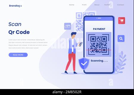 QR code verification illustration landing page. This design can be used for websites, landing pages, UI, mobile applications, posters, banners Stock Vector