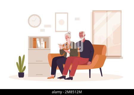 Grandpa and grandma reading a book on the sofa. Illustrations for websites, landing pages, mobile apps, posters and banners. Trendy flat vector illust Stock Vector