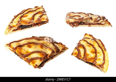 Different angles of sliced naan bread calzone quesadilla stuffed with chocolate spread. Stock Photo