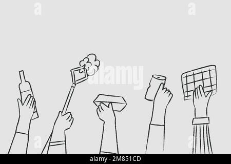 Recycle doodle vector hands holding trashes, eco-friendly concept Stock Vector
