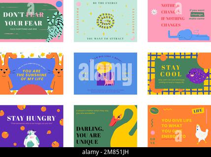 Motivational quote template vector banners with cute animal illustration set Stock Vector