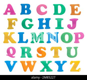 Plastic magnetic alphabet letters isolated on white. Stock Photo