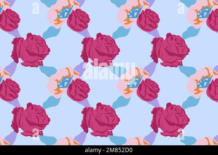 Pink cute floral pattern vector with roses blue background Stock Vector