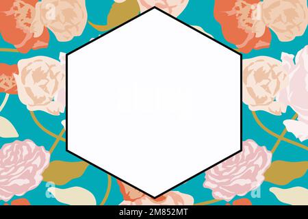 Spring floral hexagon frame vector with pastel roses on white background Stock Vector