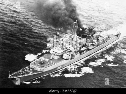 An elevated port bow view of a Soviet Kresta II class guided missile cruiser underway. Country: Unknown Stock Photo