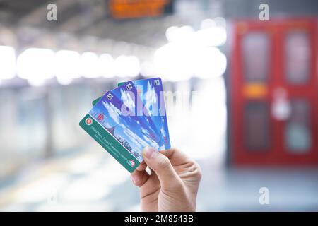 10 January 2023, Dhaka-Bangladesh: The Dhaka Metro Mass Rapid Transit (MRT) system railway's single journey ticket card, can buy at the auto travel ca Stock Photo