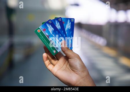 10 January 2023, Dhaka-Bangladesh: The Dhaka Metro Mass Rapid Transit (MRT) system railway's single journey ticket card, can buy at the auto travel ca Stock Photo