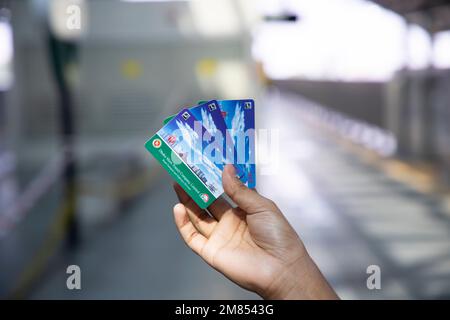 10 January 2023, Dhaka-Bangladesh: The Dhaka Metro Mass Rapid Transit (MRT) system railway's single journey ticket card, can buy at the auto travel ca Stock Photo