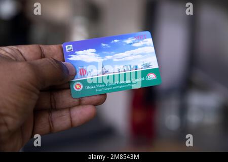 10 January 2023, Dhaka-Bangladesh: The Dhaka Metro Mass Rapid Transit (MRT) system railway's single journey ticket card, can buy at the auto travel ca Stock Photo