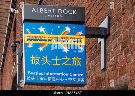 Sign for the Beatles Information Centre in the Albert Dock, Liverpool. Stock Photo