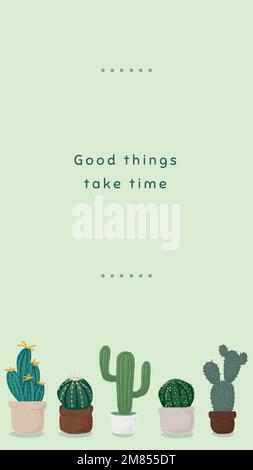Cute cactus pot template vector for social media story good things take time Stock Vector