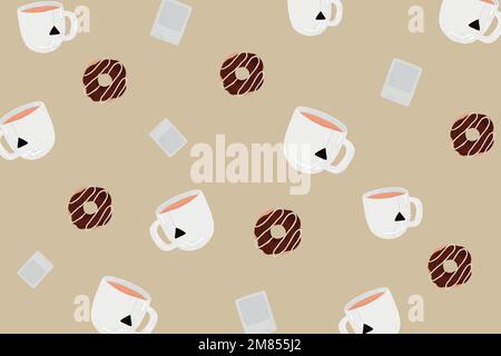 Tea cup patterned background vector with chocolate donut cute hand drawn style Stock Vector