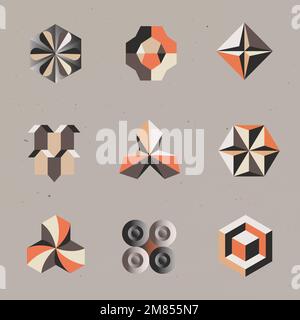 3D geometric shapes vector in orange abstract style set Stock Vector