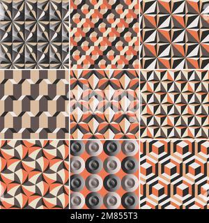 Retro 3D geometric pattern vector orange background set Stock Vector
