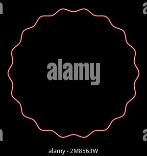 Neon round element with wavy edges Circle label sticker red color vector illustration image flat style light Stock Vector