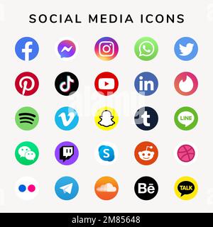 Social media icons vector set with Facebook, Instagram, Twitter, TikTok, YouTube logos Stock Vector