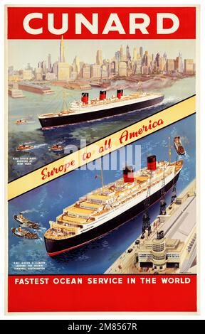 Cunard. Europe to all America. Fastest Ocean Service in the world. Artist unknown. Poster published in the 1930s in the UK. Stock Photo
