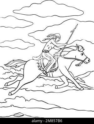 Native American Indian Riding a Horse Coloring  Stock Vector