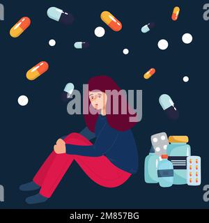 Drug addicted girl sitting on huge pill flat vector illustration. Woman having depression, taking hormonal pills. Depression, antidepressants concept Stock Vector