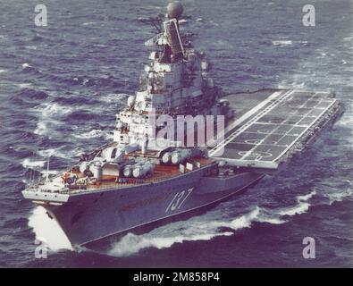 An elevated port bow view of a Soviet Kiev class aircraft carrier (CVHG) underway. Country: Unknown Stock Photo