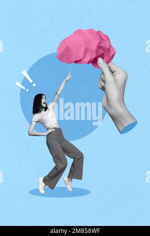 3d retro abstract creative collage artwork template of excited lady pointing finger paper brain isolated painting background Stock Photo