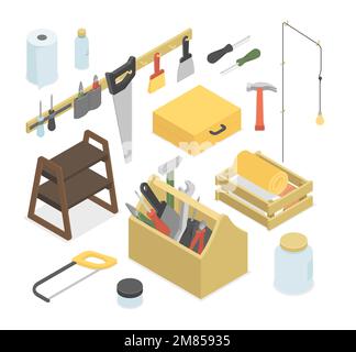 Tools for carpenter - modern vector colorful isometric illustrations set Stock Vector