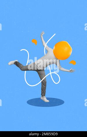 Exclusive magazine picture sketch collage image of carefree guy citrus instead of head isolated painting background Stock Photo