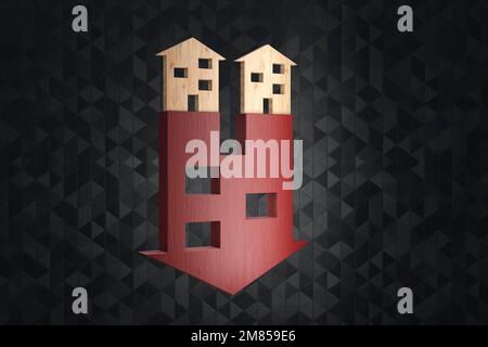 Wooden boards on a red down arrow having the shape of a house. Illustration of the concept of falling prices of house and real property crisis Stock Photo