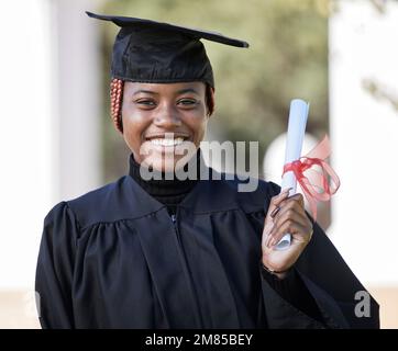 Graduate, certificate and black woman with graduation cap in portrait ...