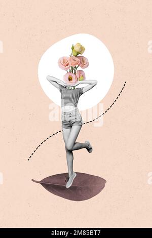 Photo collage cartoon comics sketch picture of walking lady flowers instead of head isolated drawing background Stock Photo