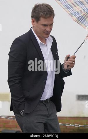 Blue singer Lee Ryan arrives at Ealing Magistrates' Court in London, charged with abusing and assaulting a member of the crew onboard a British Airways flight and assaulting a police officer at London City airport in July. Picture date: Thursday January 12, 2023. Stock Photo