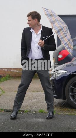 Blue singer Lee Ryan arrives at Ealing Magistrates' Court in London, charged with abusing and assaulting a member of the crew onboard a British Airways flight and assaulting a police officer at London City airport in July. Picture date: Thursday January 12, 2023. Stock Photo