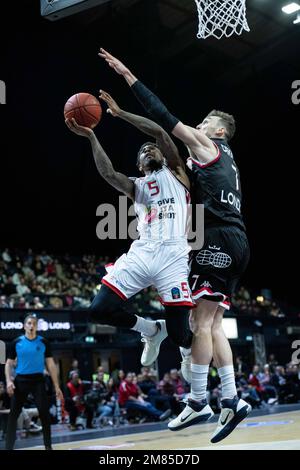 LONDON, ENGLAND - JANUARY 11: Xavier Munford and Sam Dekker of London Lions during the EuroCup match between London Lions and Hapoel Tel Aviv at OVO A Stock Photo