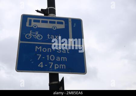 Road signs for buses lane taxis & bicycles only Stock Photo