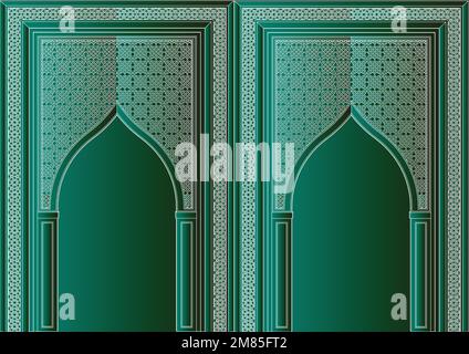 Entrance to the indian or arabic palace, flat vector illustration in gray and lilac colors, isolated on violet background, can use for wallpaper, back Stock Vector