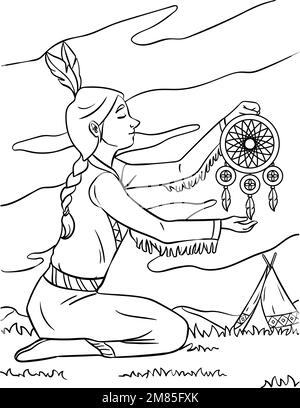 Native American Indian Girl Dreamcatcher Coloring  Stock Vector