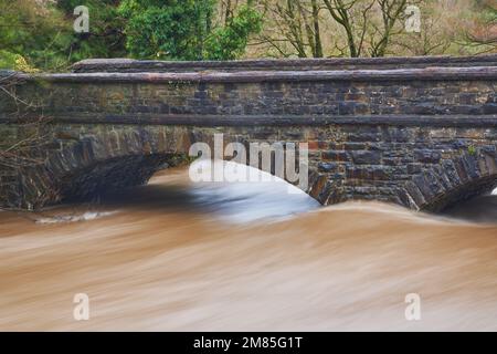 The Ynys Bridge over the River Taff, Cardiff, South Wales, after heavy rain January 2023 Stock Photo