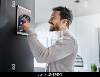 Smart home technology, wall system or man with digital dashboard screen for room lighting, safety security network or house automation. AI software Stock Photo