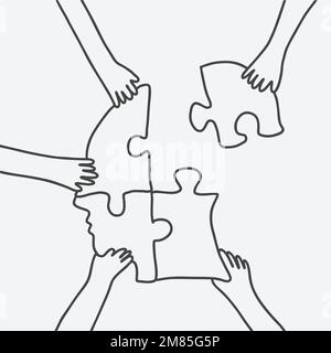 Business brainstorming doodle vector hands connecting puzzle jigsaw Stock Vector