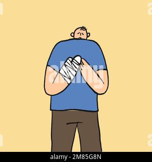 Hand drawn healthcare doodle vector, man with hand in cast character Stock Vector