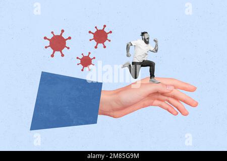 Collage photo of young funny running excited man hurry from coronavirus bacteria pandemic quarantine lockdown isolated on grey color background Stock Photo