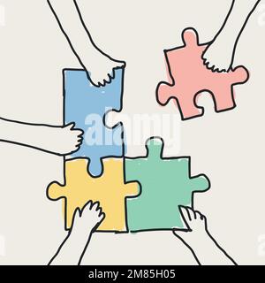 Teamwork doodle vector hands connecting puzzle jigsaw Stock Vector
