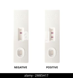 Rapid antigen test cassette for Covid-19 isolate showing positive and negative result Stock Photo