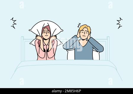 Unhappy couple in bed suffer from excessive noise unable to sleep. Upset distressed man and woman struggle with noisy neighbors. Vector illustration.  Stock Vector