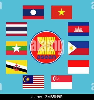 ASEAN . Association of Southeast Asian Nations and membership . Waving flags design . Southeast asia map background . Vector . Stock Vector