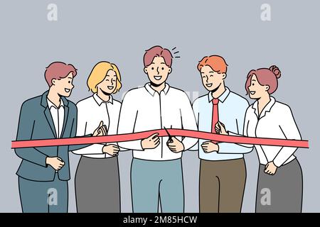 Excited business team cut ribbon open office or enterprise together. Smiling businesspeople at new workplace opening. Successful start. Vector illustration.  Stock Vector